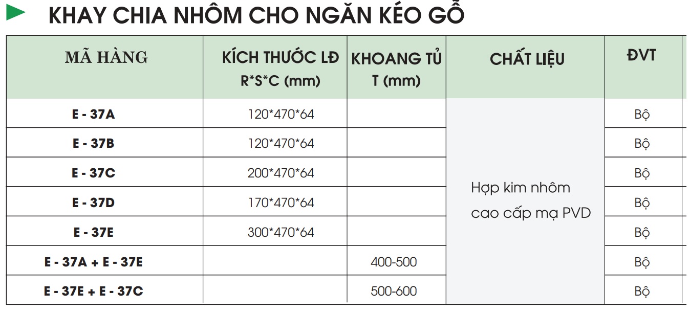 Khay chia thìa muỗng nhôm GROB E-37A E-37B E-37C E-37D E-37E